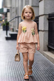 Girls Peach Peplum Top And Shorts Co-Ord Set with Floral Applique