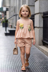 Girls Peach Peplum Top And Shorts Co-Ord Set with Floral Applique