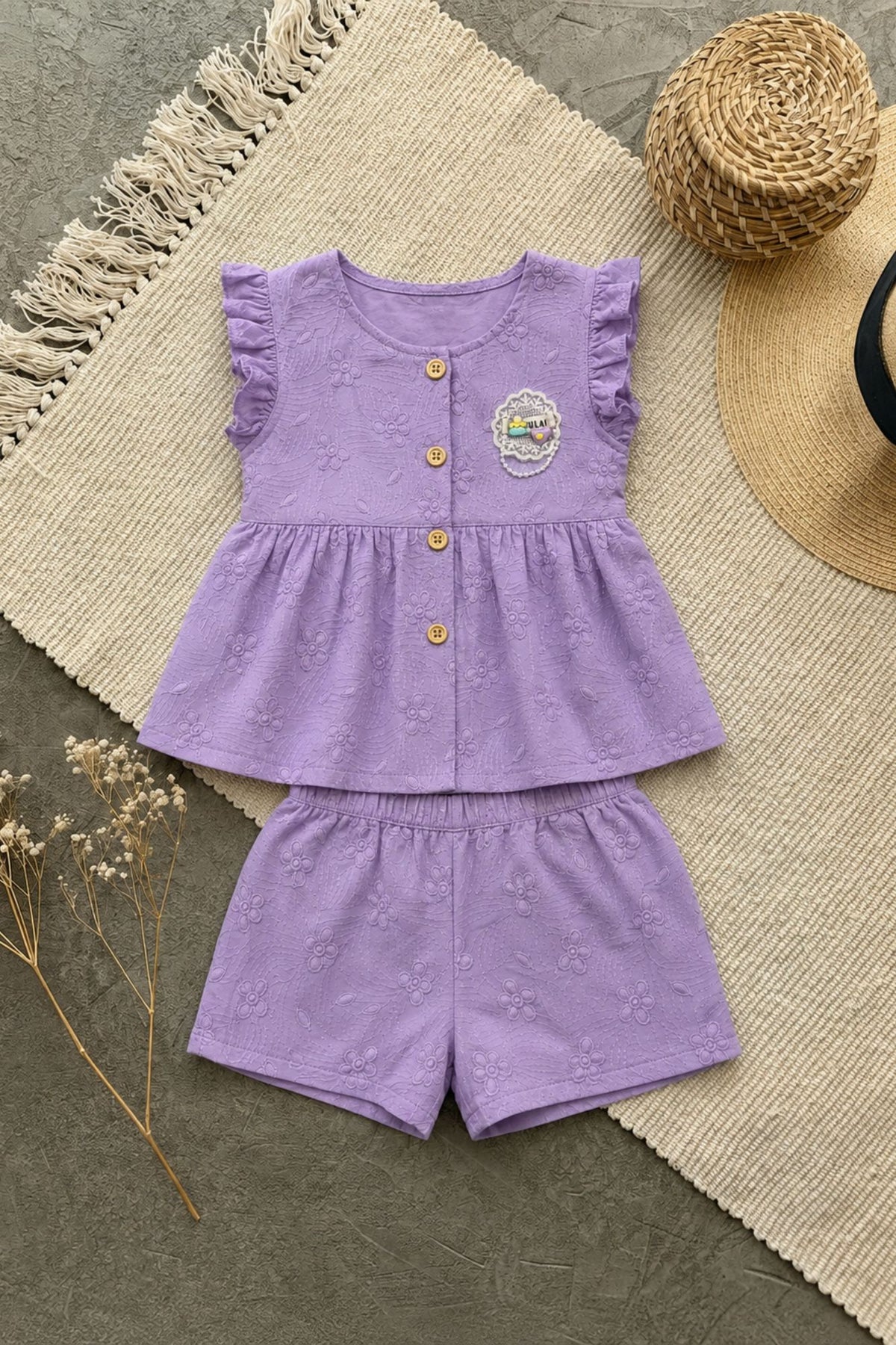 Charming Girls Purple Textured Top & Shorts Set with Ruffle Details