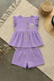 Charming Girls Purple Textured Top & Shorts Set with Ruffle Details