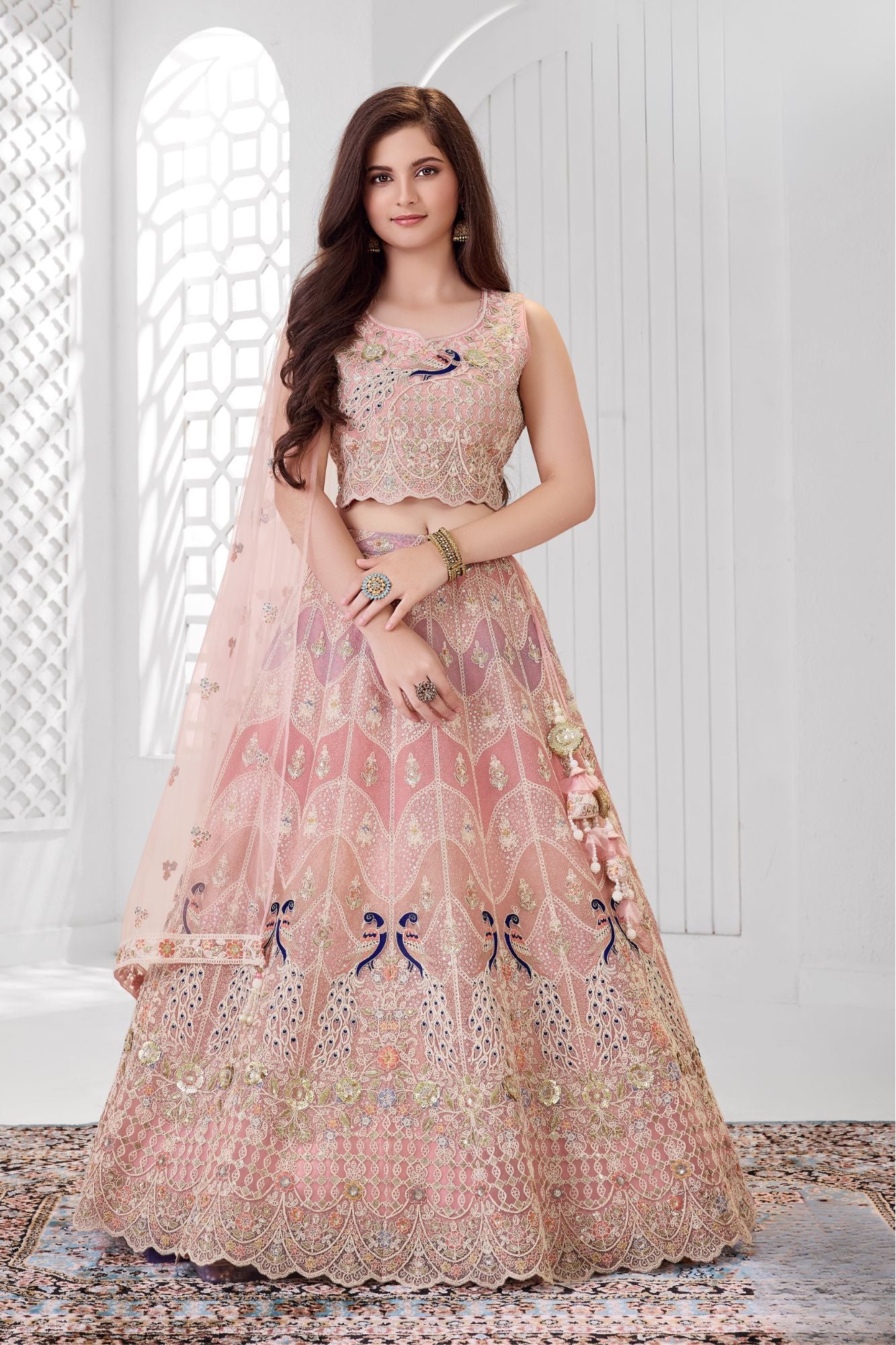 Peach Peacock Embroidered Lehenga Choli Set with Dupatta For Girls
