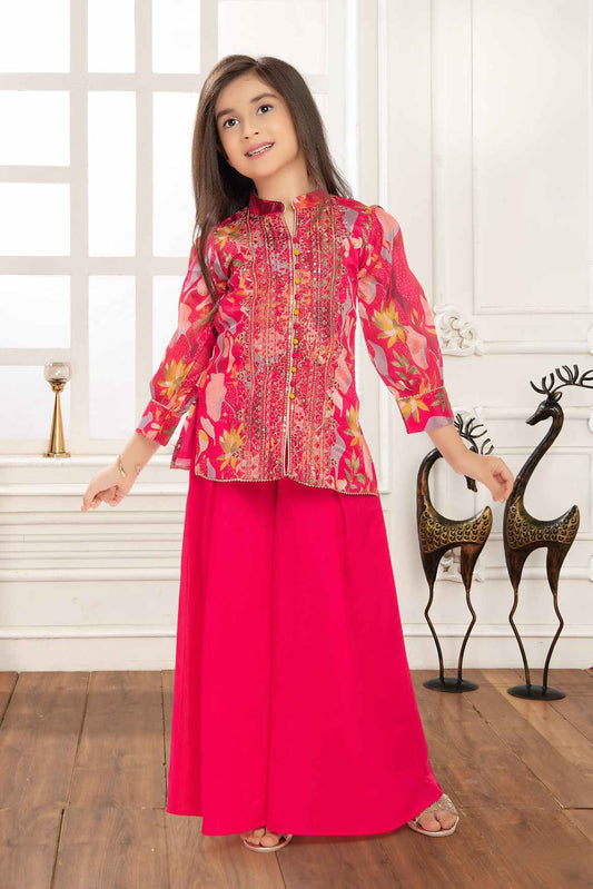 Rani Pink Printed And Sequin Top With Palazzo Set For Girls