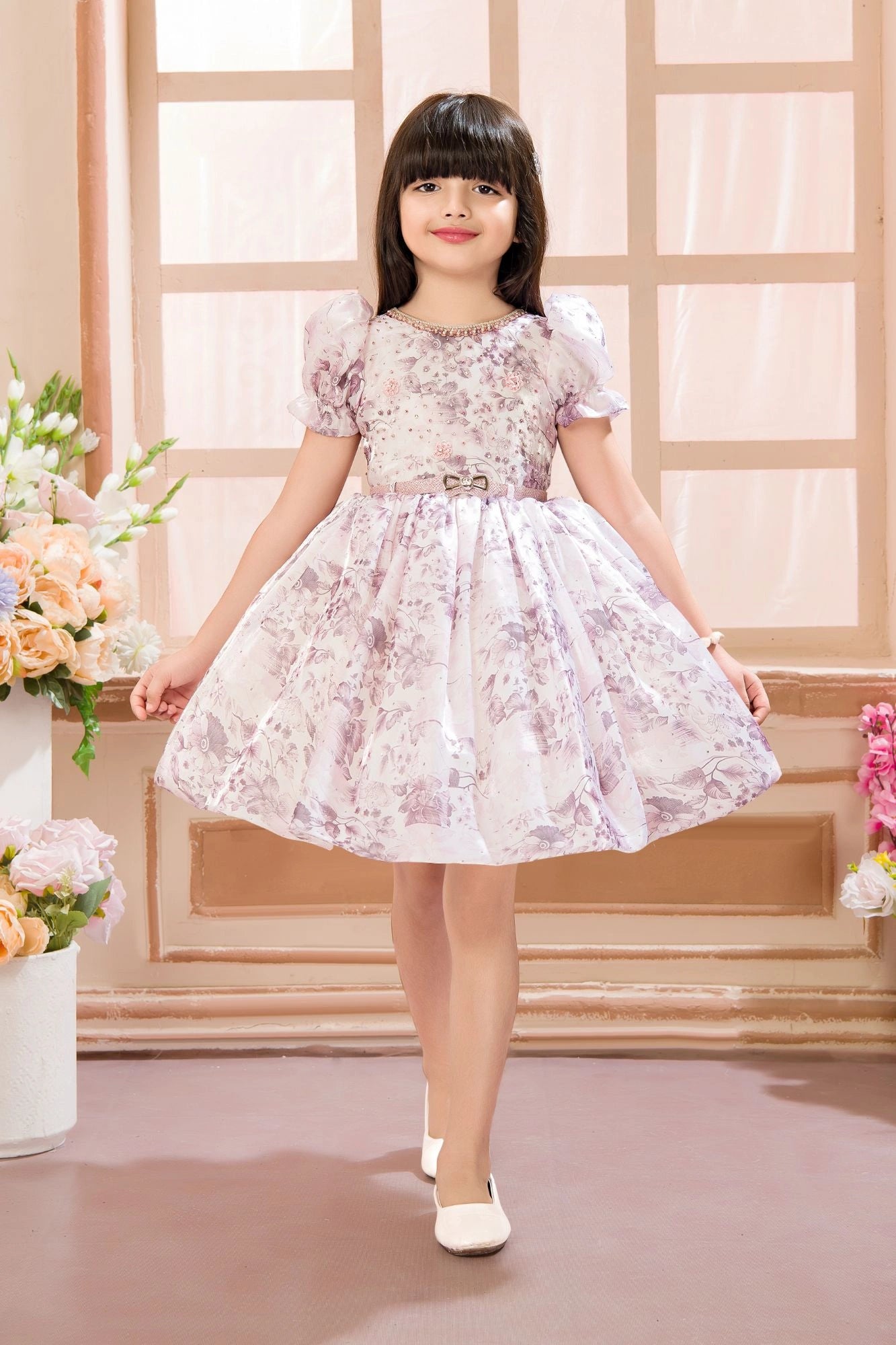 Lilac Floral Frock with Pearl Neckline For Girls