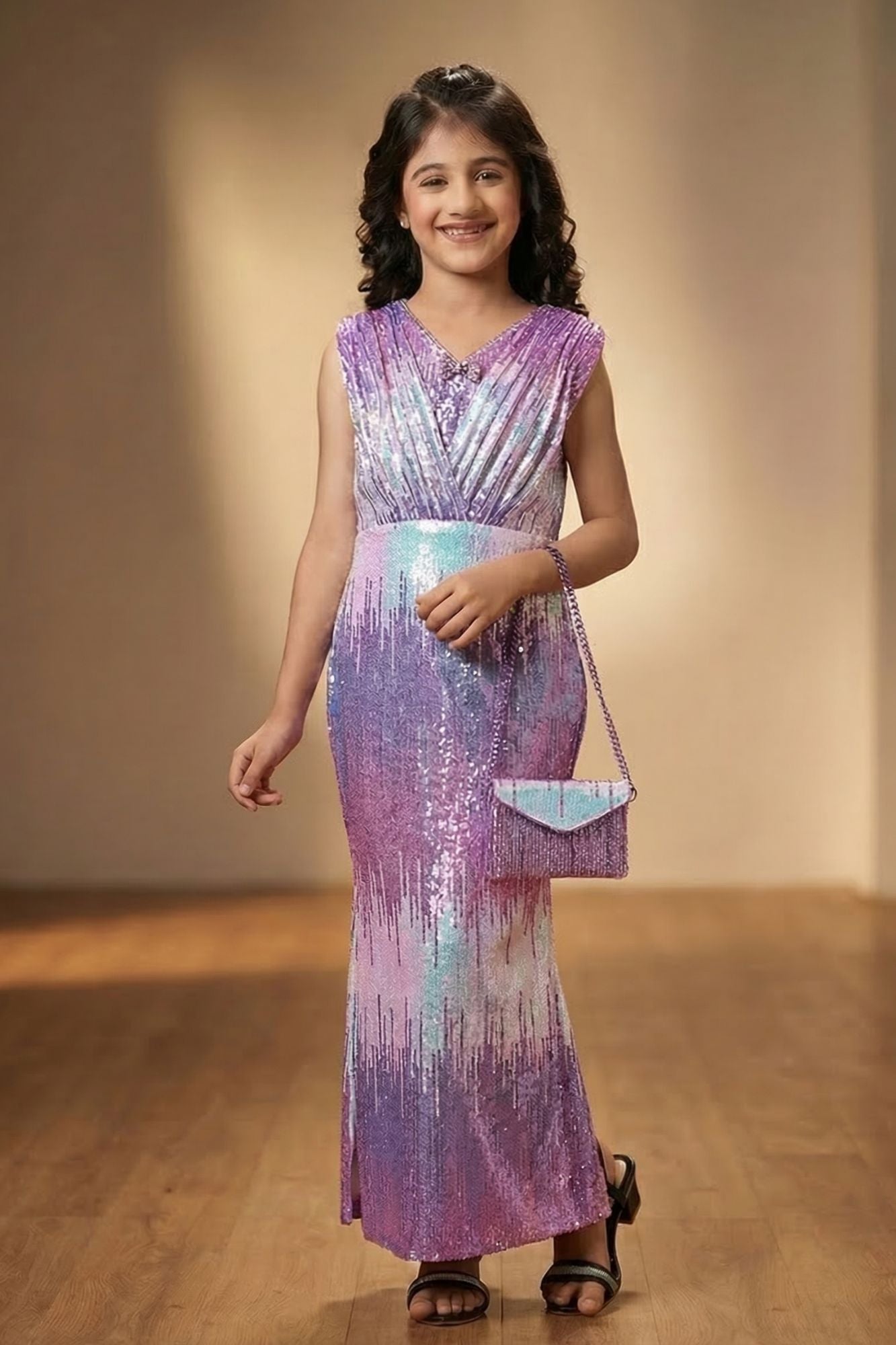 Lavender Sequin Ombre Party Wear Gown For Girls