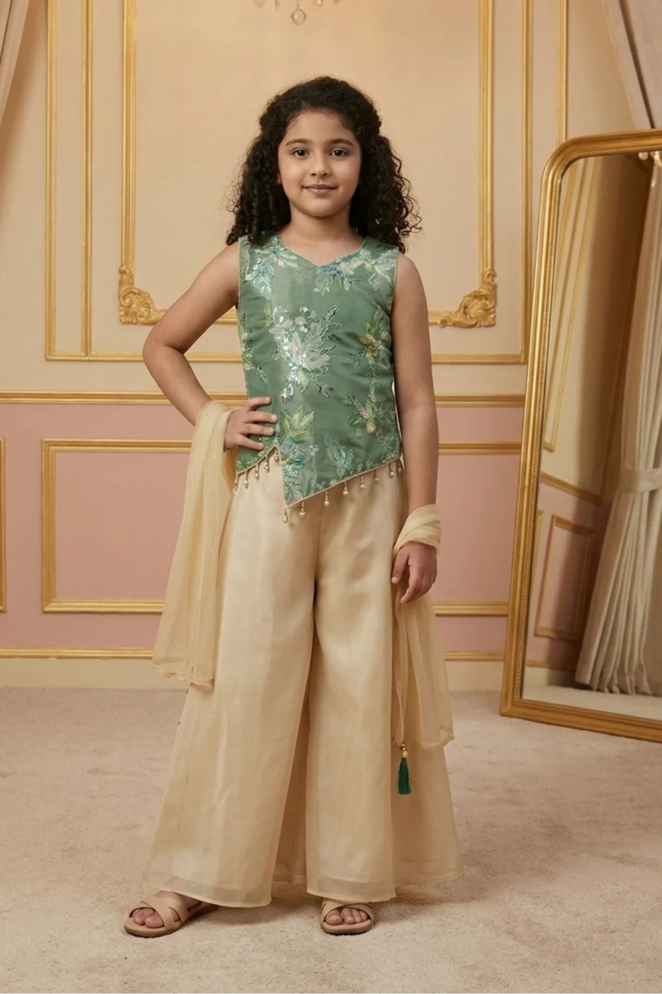 Green Embroidered Top with Ivory Palazzo Set And Dupatta For Girls
