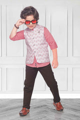 Stylish Peach Printed Waistcoat With Shirt And Pant Set For Boys