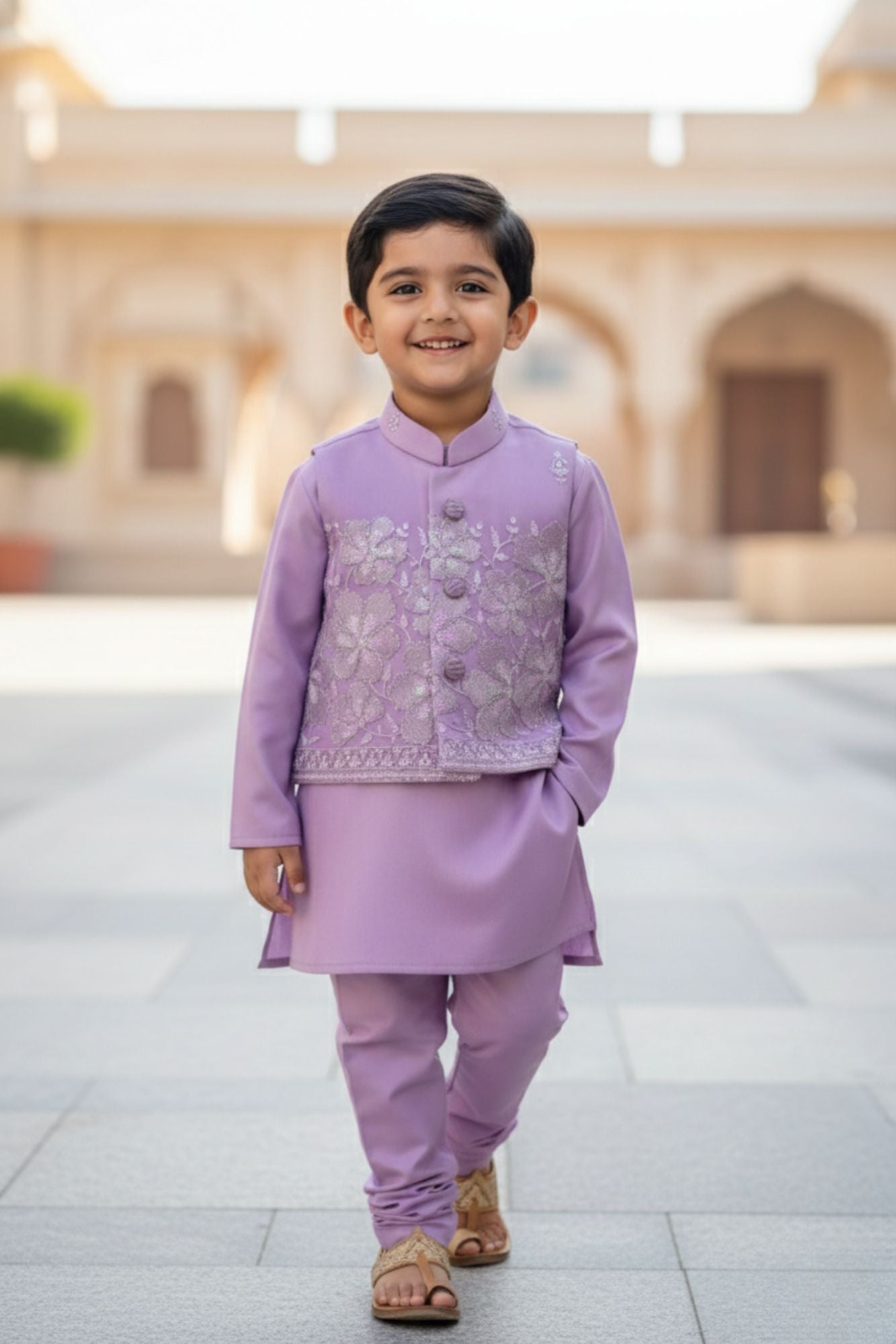 Lavender Sequins Embroidered Kurta Pyjama Set with Jacket For Boys