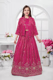 Elegant Rani Pink Embroidered Lehenga Choli with Jacket & Dupatta For Girls