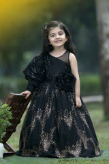 Black Gown With Sequin And Floral Embellished For Girls