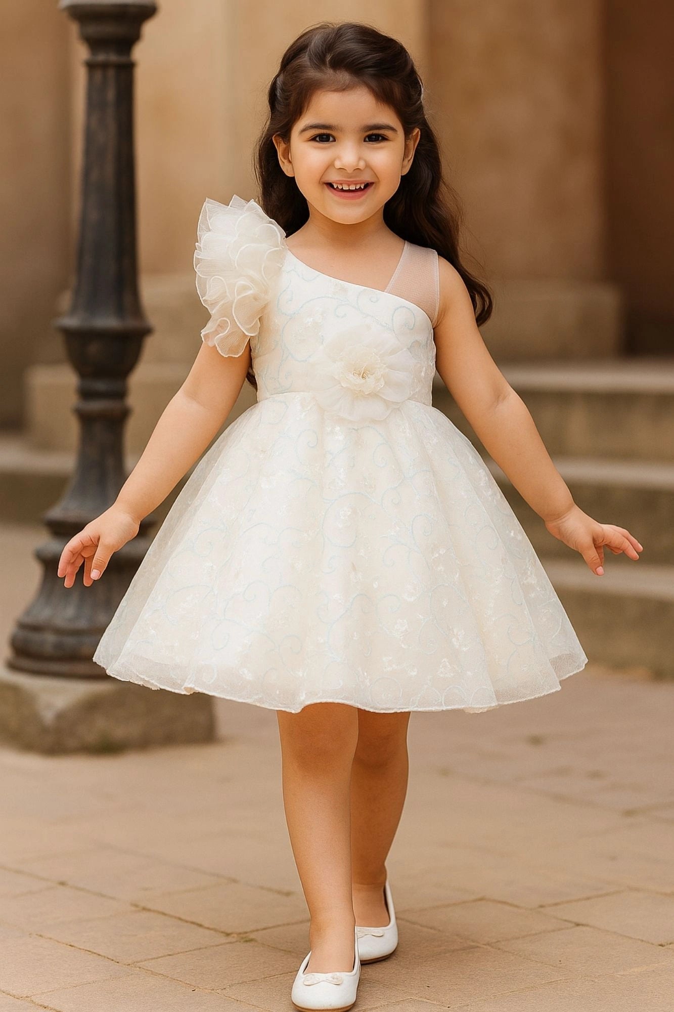 White One-Shoulder Sequins Embroidered Party Frock with Floral Accent For Girls