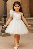 White One-Shoulder Sequins Embroidered Party Frock with Floral Accent For Girls
