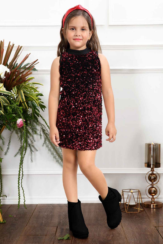 Trendy Maroon Sequins Work Party Dress For Girls