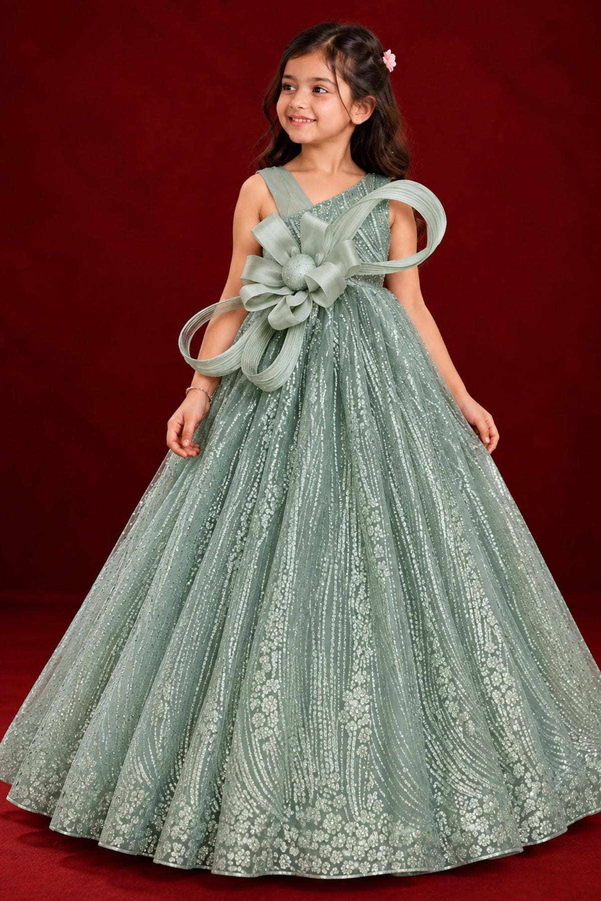 Girls Sage Green Sequin Bow Party Wear Gown