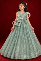 Girls Sage Green Sequin Bow Party Wear Gown