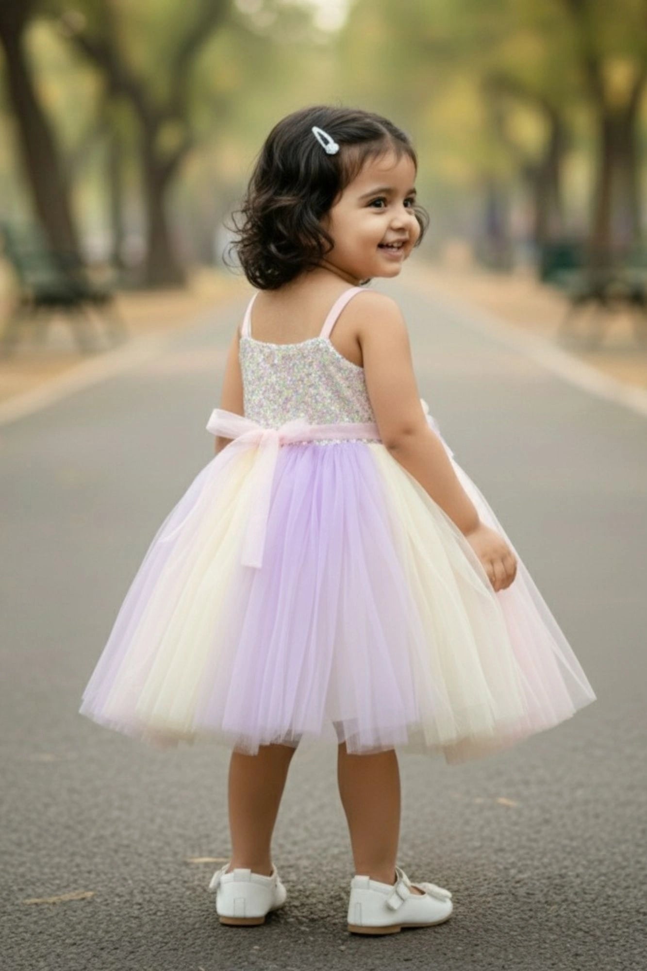 Pastel Rainbow Tulle Party Wear Frock with 3D Floral Accents For Girls
