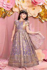 Ethnic Purple Brocade Gown With Sequin Embroidery For Girls