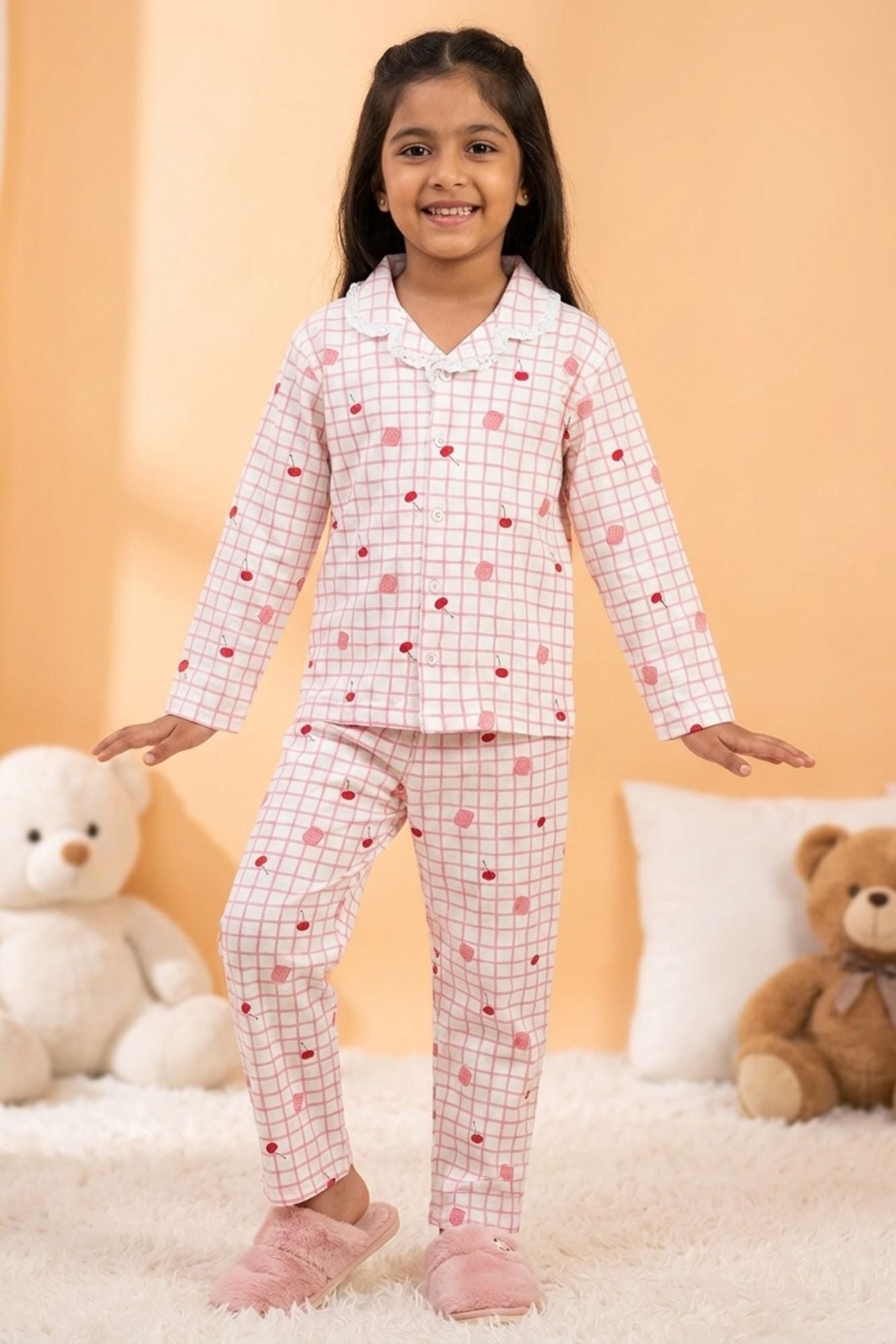 Girls Pink Checked Night Suit Set with Lace Collar