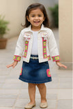 Denim Skirt Set with Embroidered Cream Jacket For Girls