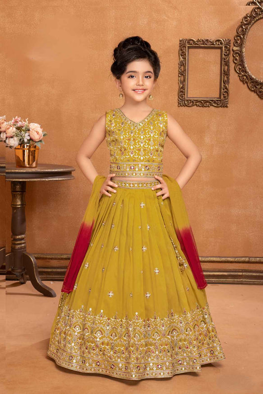 Mustard Embroidered And Sequin Work Lehenga Choli For Girls