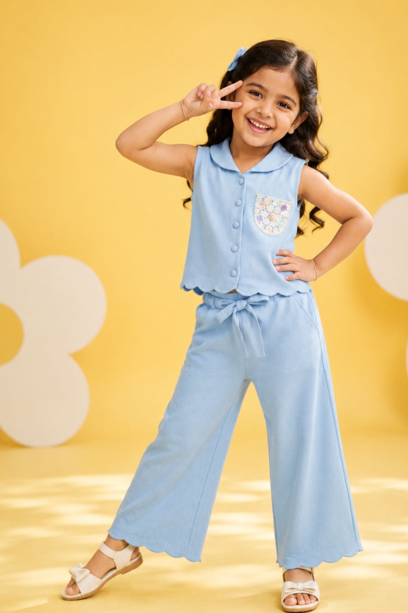 Girls Sky Blue Sleeveless Embroidered Co-Ord Set with Wide Leg Pants