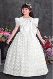 White Party Wear Gown with Statement Bow And Textured Skirt For Girls