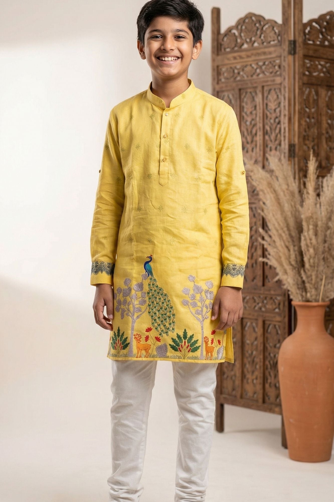Mustard Yellow Peacock Printed Kurta Pyjama Set For Boys