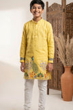 Mustard Yellow Peacock Printed Kurta Pyjama Set For Boys