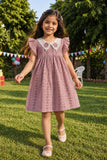 Girls Onion Pink Lace Collar Floral Applique Yoke Frock