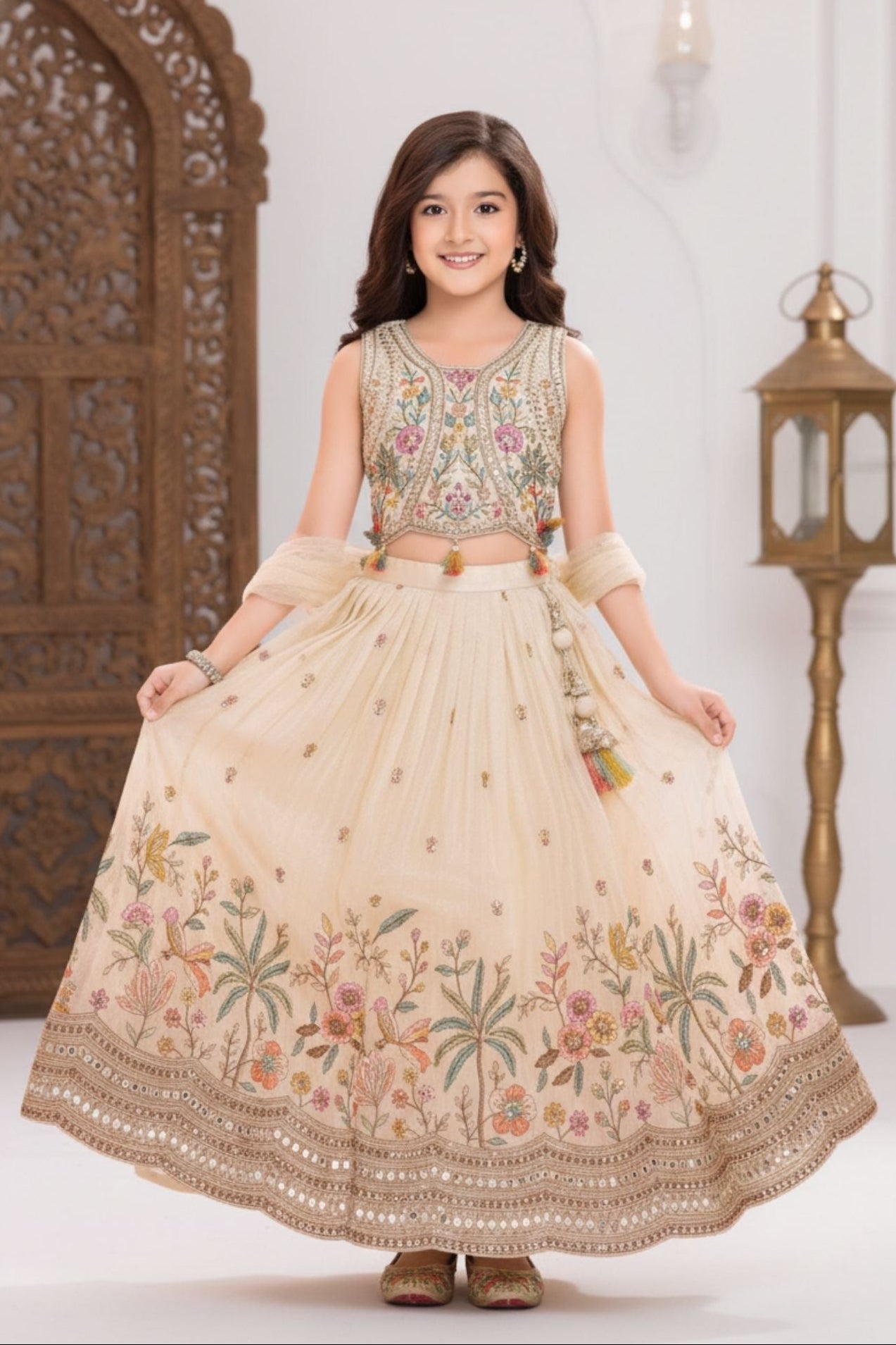 Ivory Embroidered Lehenga Choli Set with Dupatta For Girls