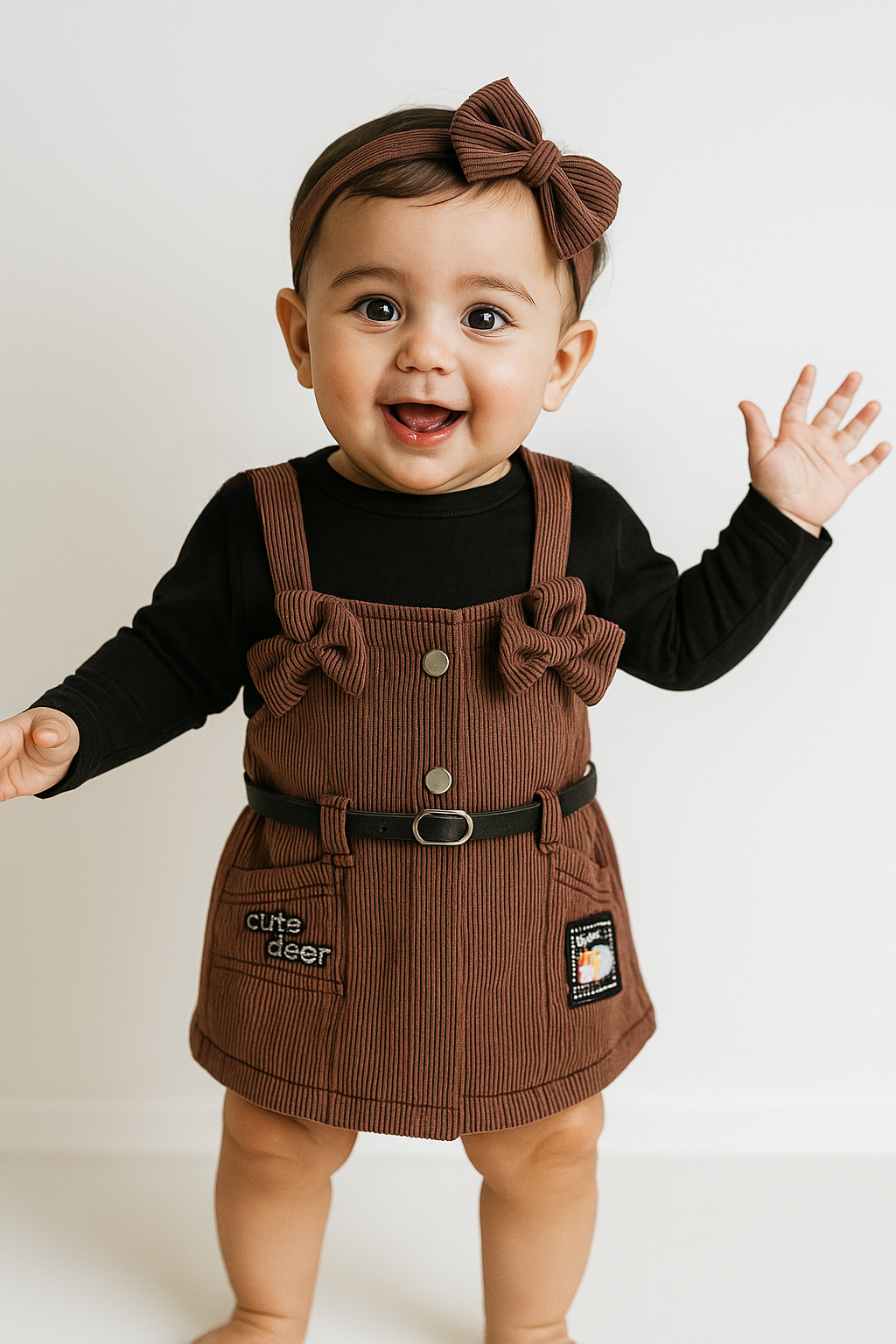 Brown Dungaree With Black T-Shirt Set For Girls