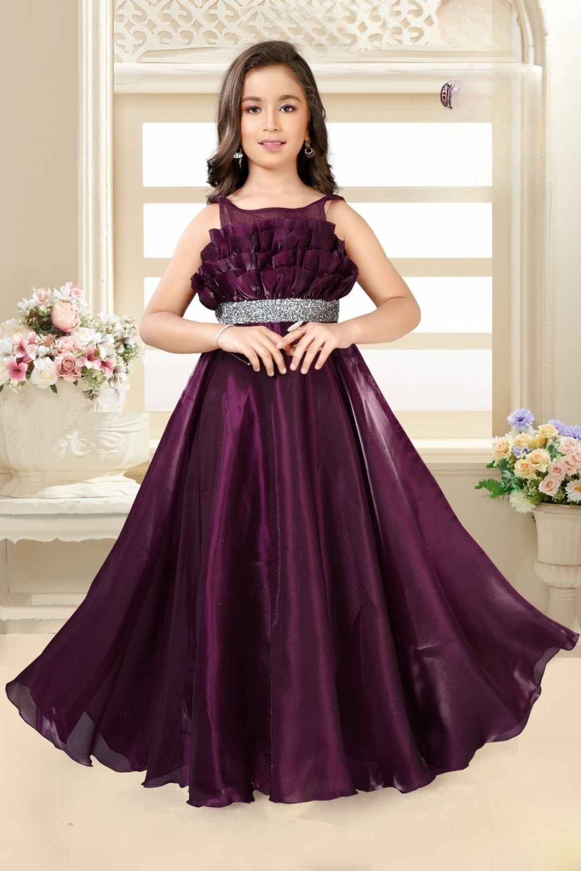 Designer Wine Ruffled And Stone Work Gown For Girls