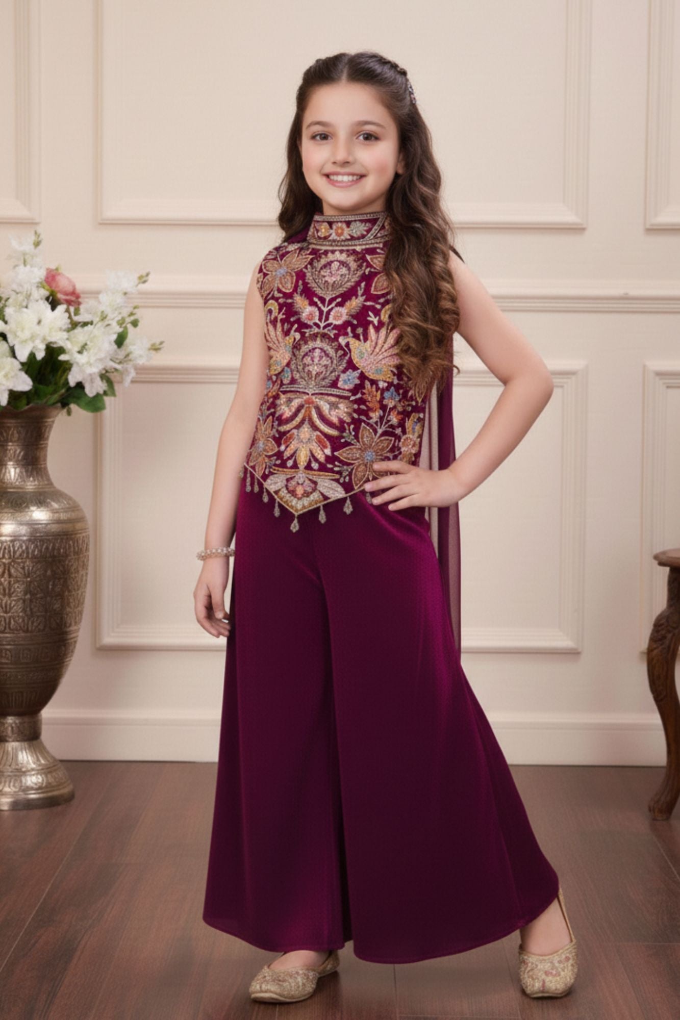 Wine Embroidered Palazzo Set For Girls