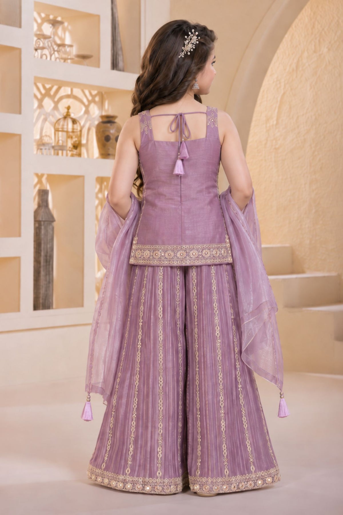 Lavender Designer Embroidered Palazzo Set For Girls