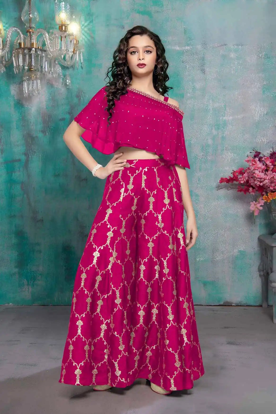 Rani Pink One-Shoulder Cape Top With Gold Foil Print Palazzo Set For Girls