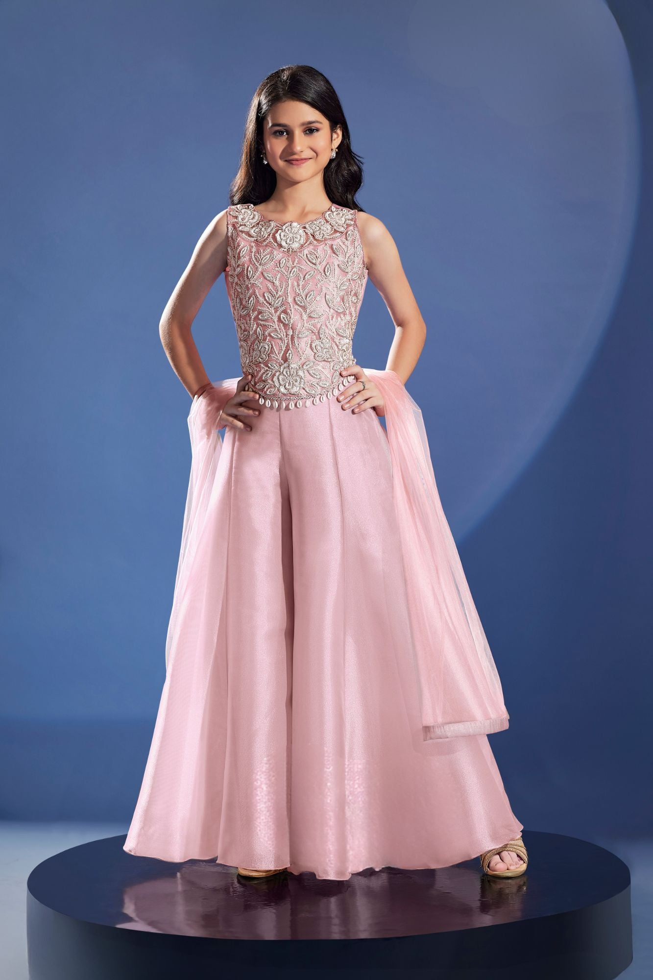 Girls Pink Embroidered Palazzo Set with Dupatta