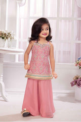 Peach Mirror Worked Embroidery Top And Palazzo Set For Girls