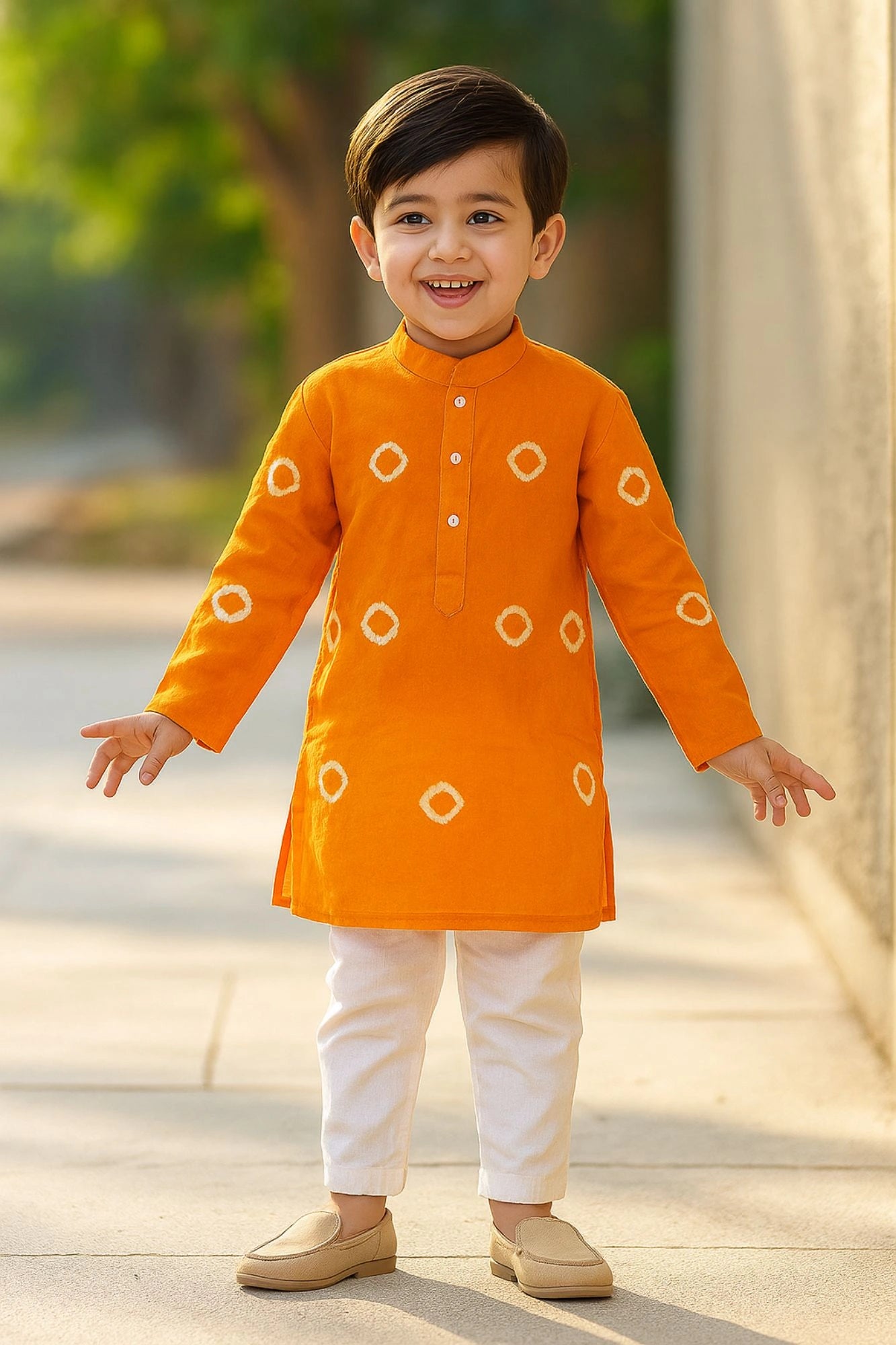 Classic Orange Bandhini Printed Kurta with White Pajama Set For Boys