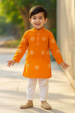 Classic Orange Bandhini Printed Kurta with White Pajama Set For Boys