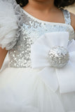 White One-Shoulder Sequin Party Frock with Layered Tulle For Girls