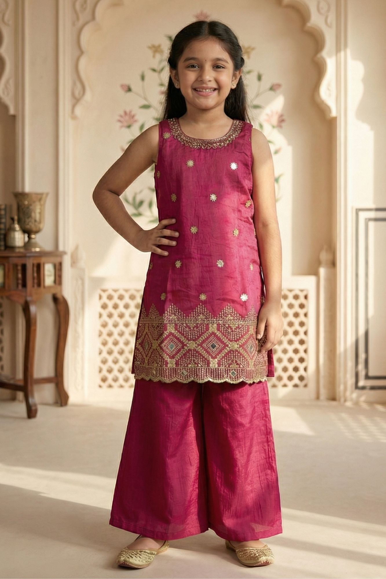 Red Embroidered Palazzo Set For Girls With Zari Detailing