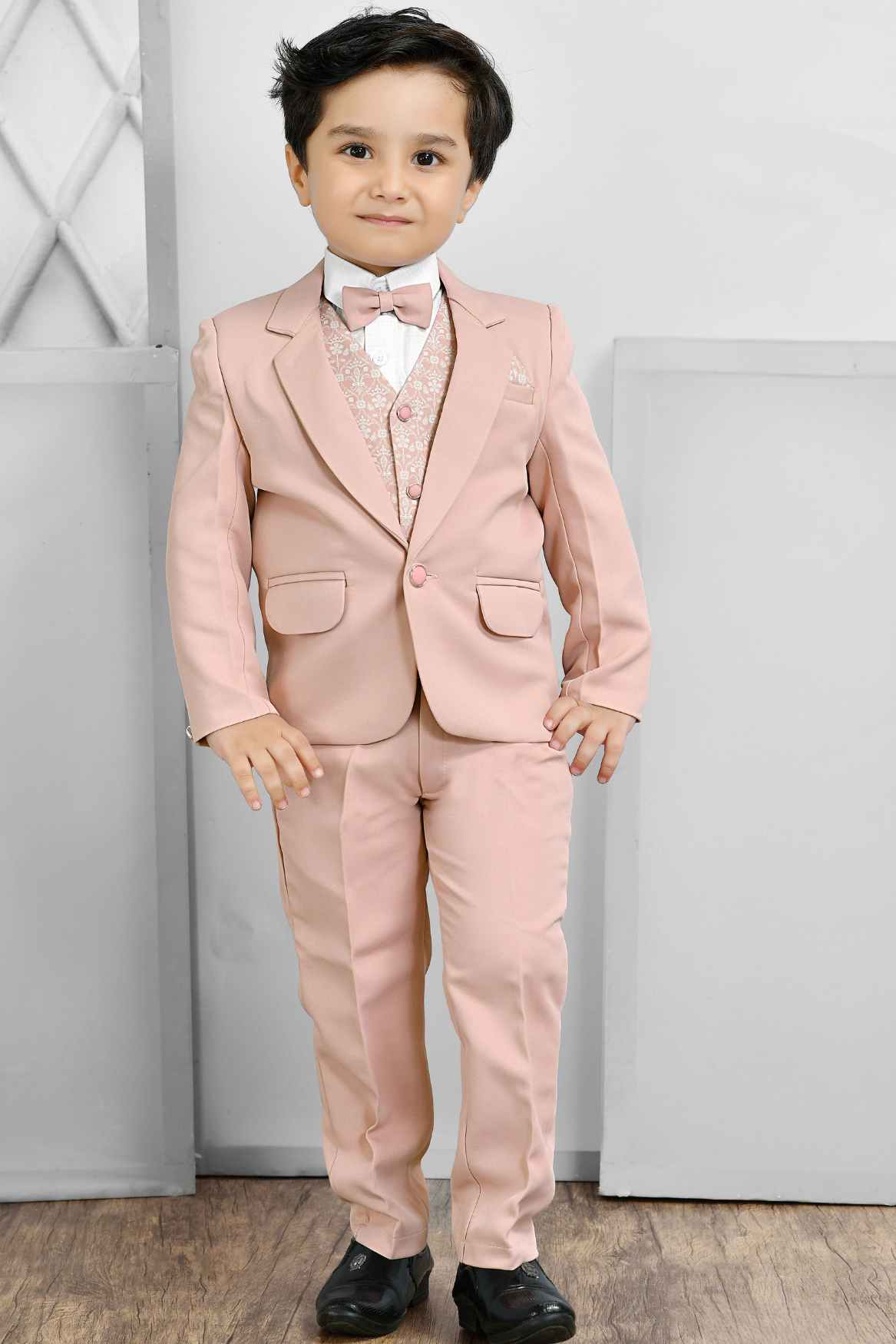 Classic Peach Four Pc Suit With White Shirt And Bow Coat Set For Boys