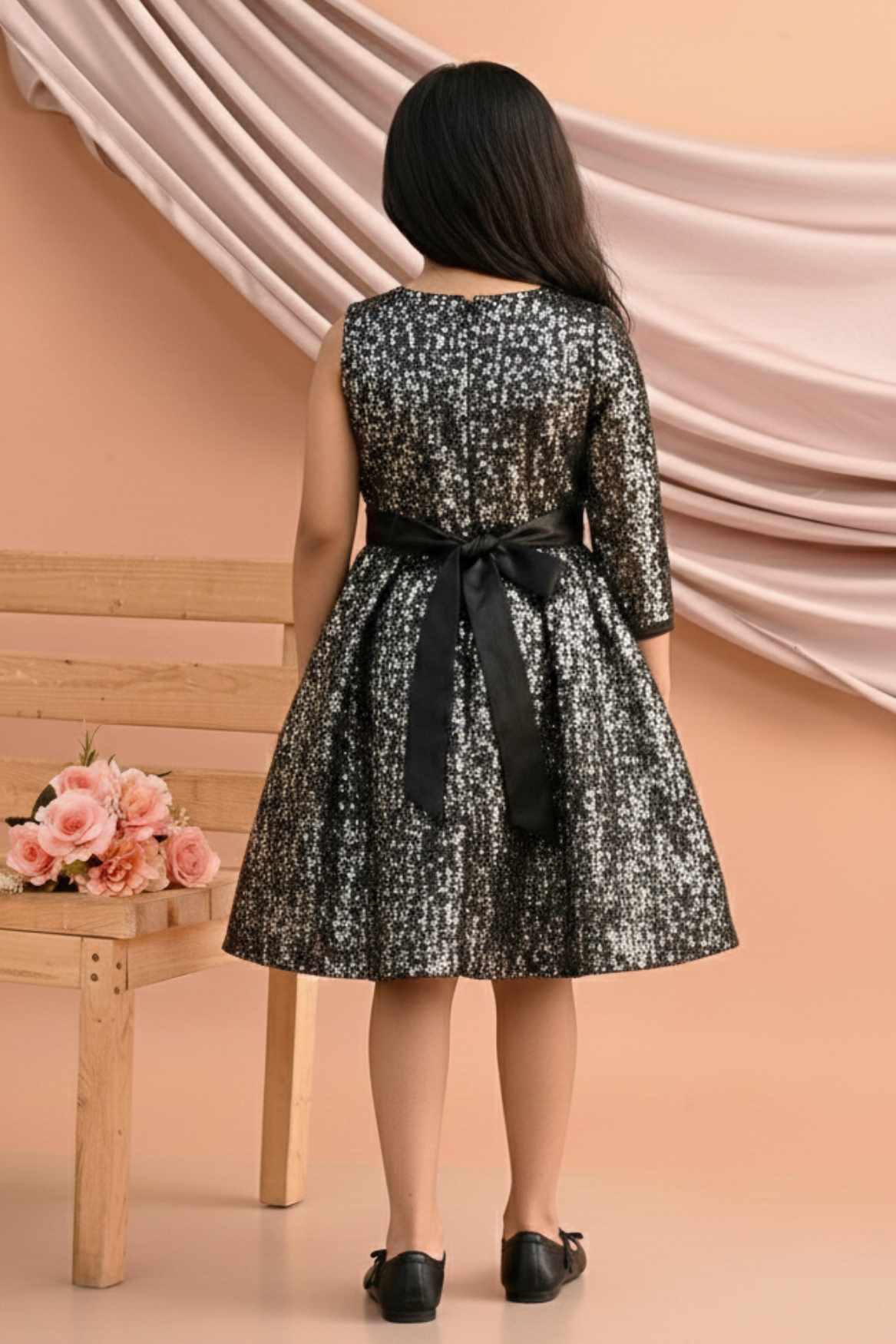 Black One-Shoulder Sequin Party Frock with 3D Floral Waist Applique For Girls