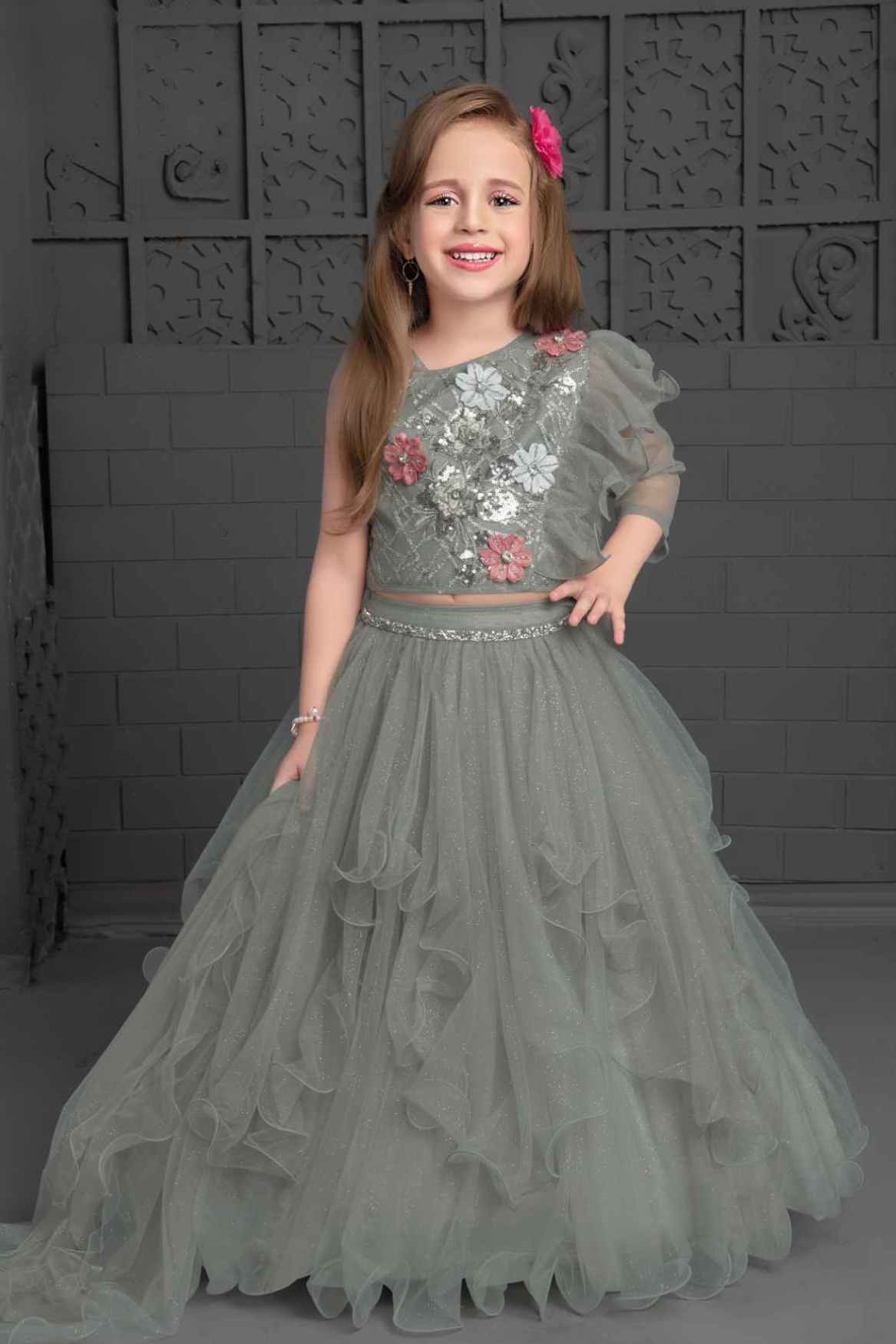 Grey Sequin Ghagra-Choli Set With Asymmetric Ruffled Sleeves For Girls