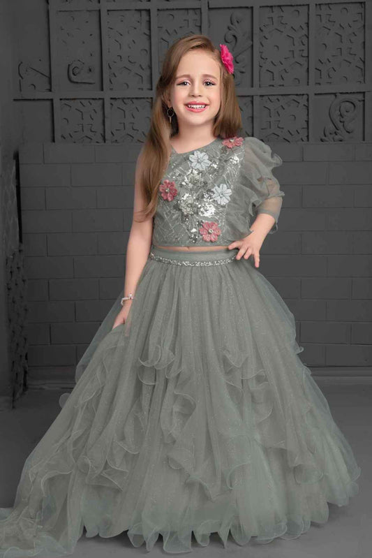 Grey Sequin Ghagra-Choli Set With Asymmetric Ruffled Sleeves For Girls