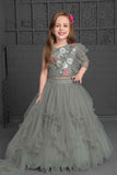 Grey Sequin Ghagra-Choli Set With Asymmetric Ruffled Sleeves For Girls