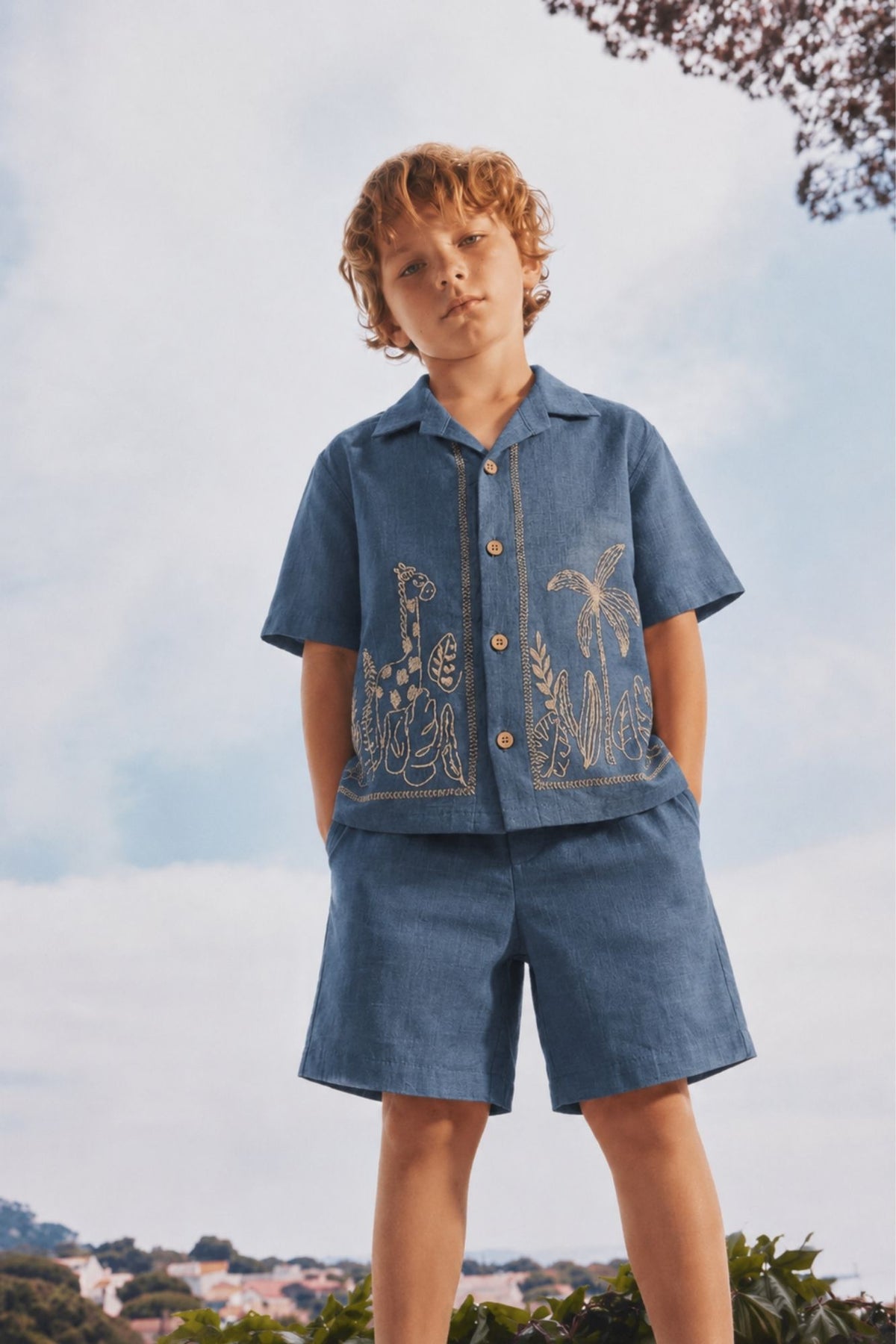 Boys Navy Blue Tropical Embroidered Shorts Set with Collared Shirt