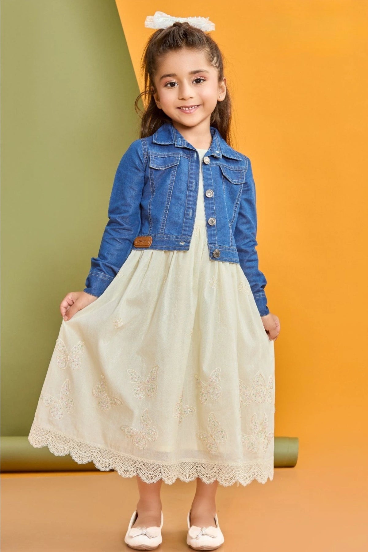 Ivory Butterfly Embroidered Dress with Denim Jacket For Girls