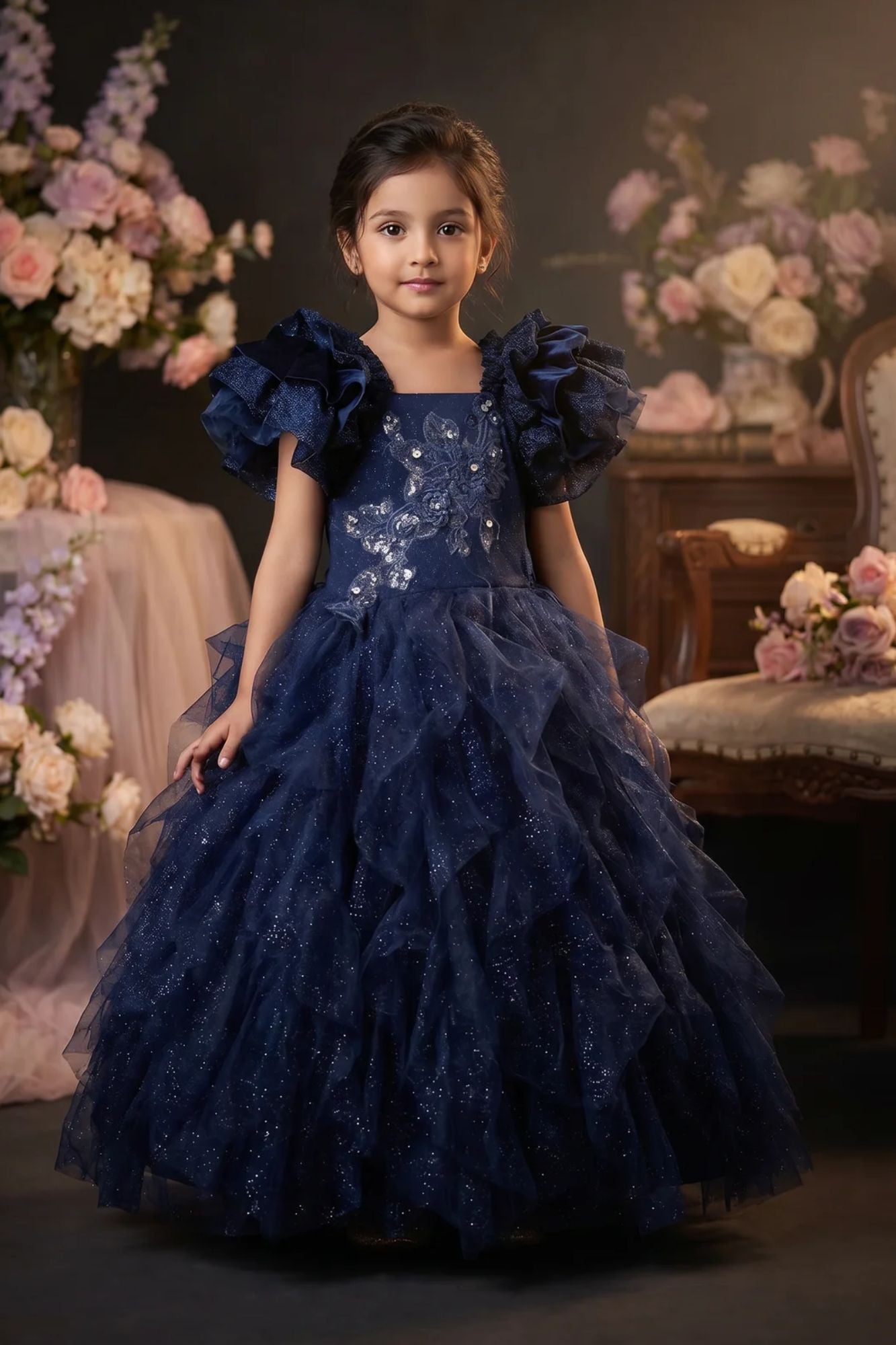 Girls Navy Blue Glitter Net Party Wear Gown with Ruffle Sleeves
