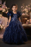 Girls Navy Blue Glitter Net Party Wear Gown with Ruffle Sleeves