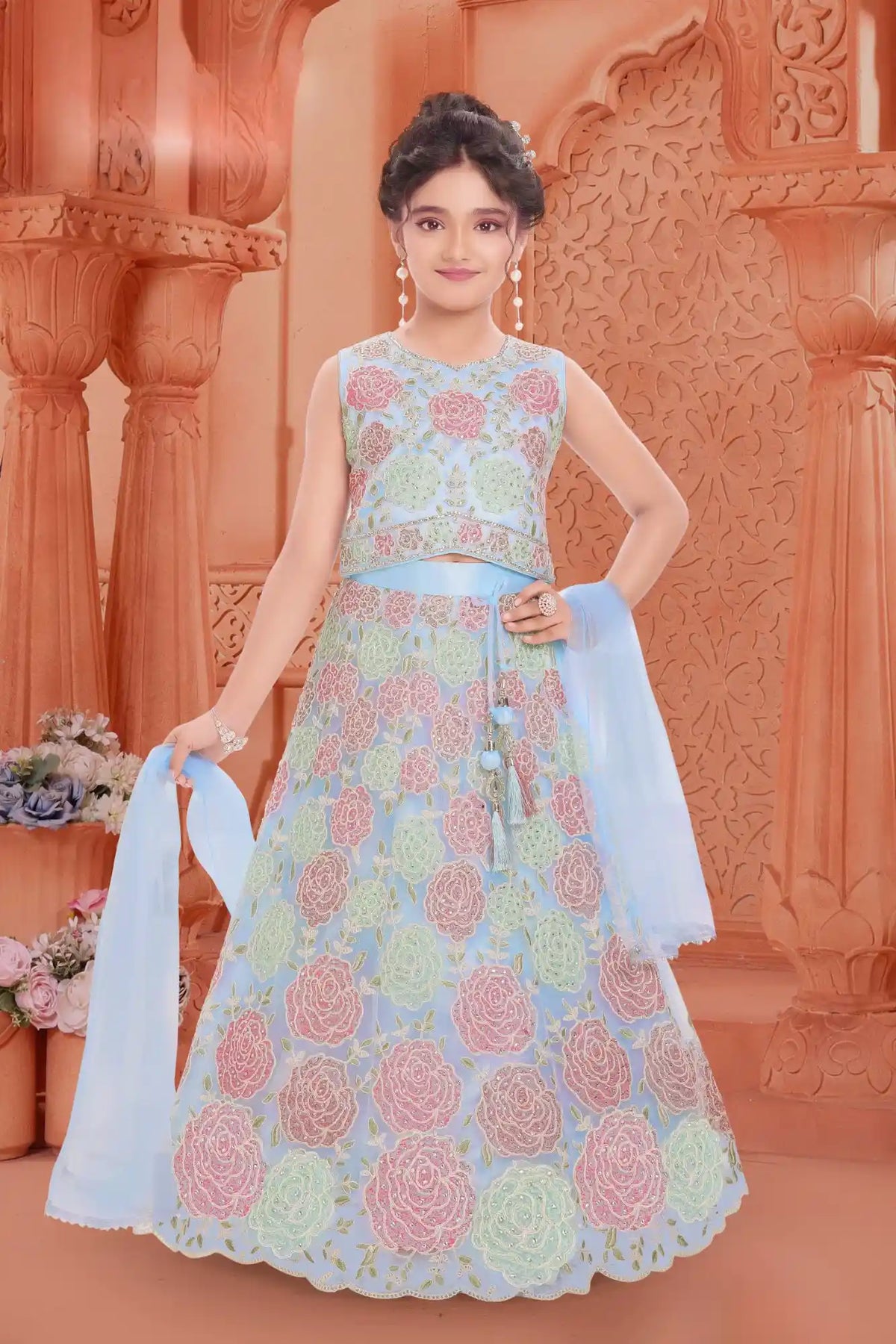 Sky Blue Floral Embroidered Lehenga Choli Set With Dupatta For Girls